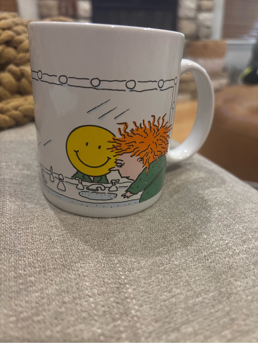 Hallmark White Mug red head kid smiley face and cat mirror reflection